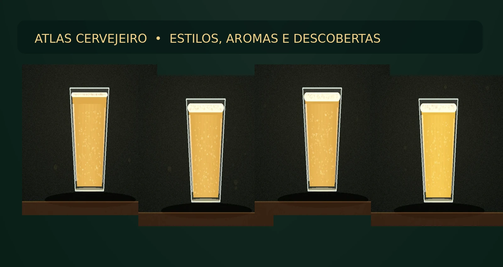 Composição ilustrativa de cervejas claras, âmbar e escuras, lúpulo e cevada em ambiente de degustação